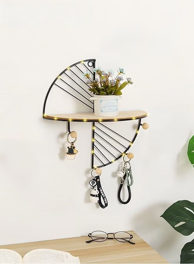 EETU Floating Shelves For Wall,Sector Wall Mounted Floating Shelves With Hooks And LED Light String,Metal Frame With Wooden Shelf,Decor Shelf For Bathroom Bedroom - Image 3
